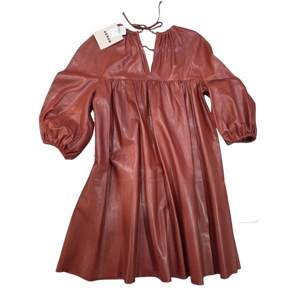 AERON NWT Genuine Leather Trapeze Long Sleeve VNeck Luxurious Dress 38 US 6 - Picture 4 of 15